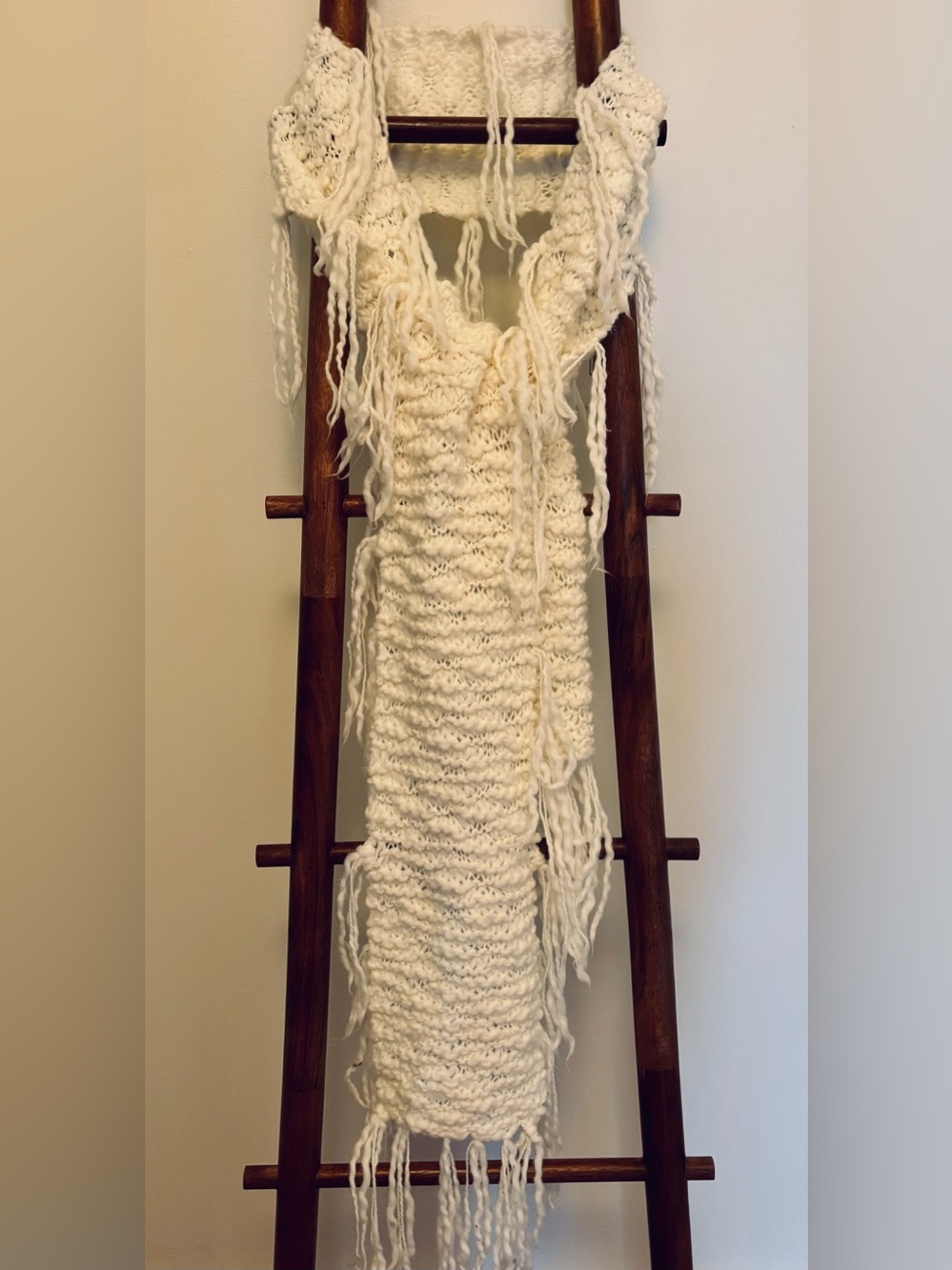 Long cozy textured handmade(?) scarf, cozy, long fringe, boho